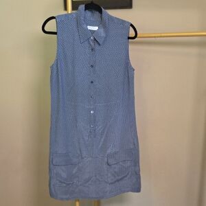 Equipment Sleeveless Navy Blue Printed Silk Shirt Dress